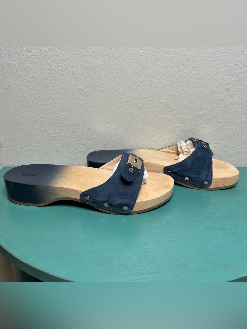 Dr Scholls Navy Suede Wooden Slide Ssndals - Picture 4 of 12